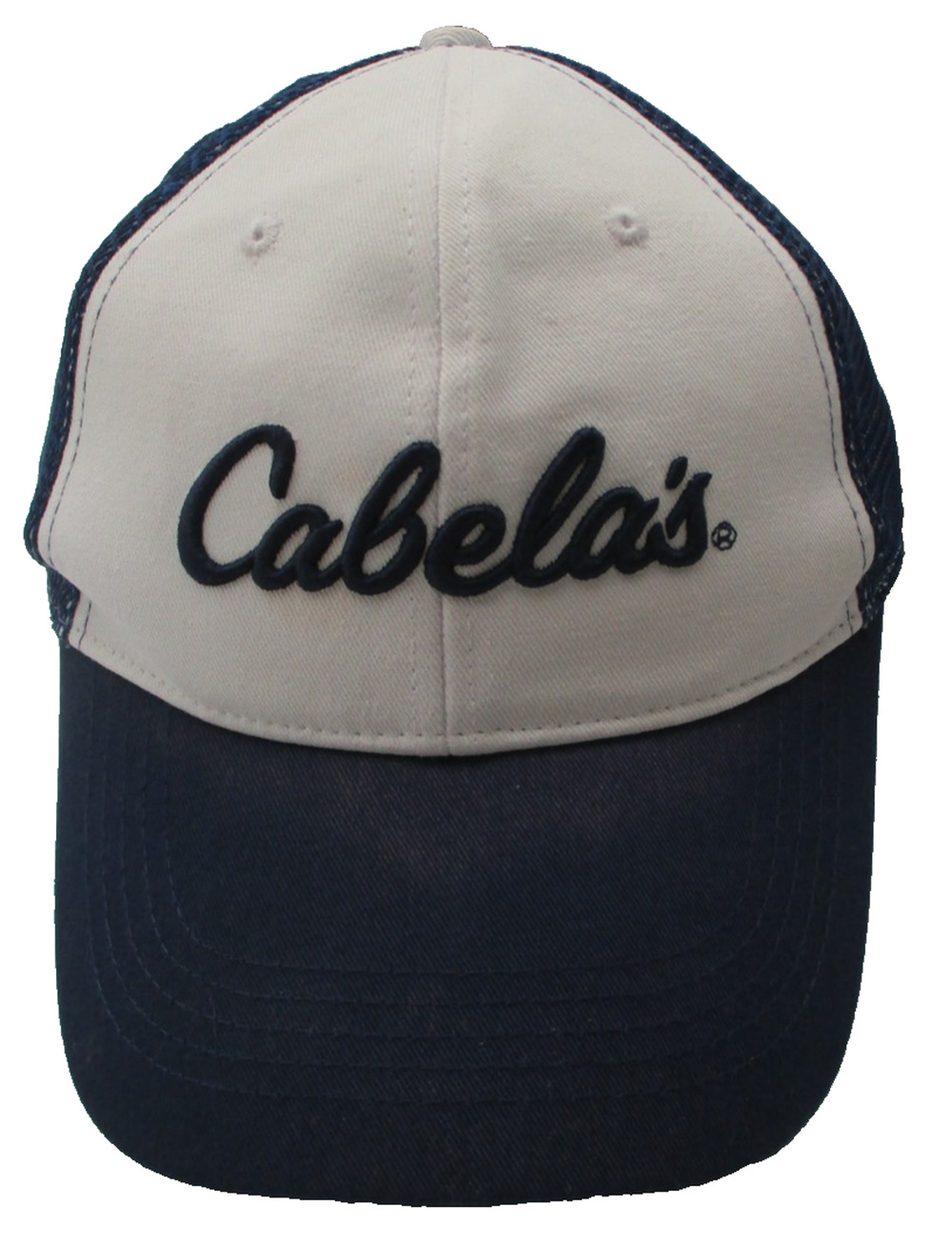Cabela's Hat Cap Snap Back Mens One Size Blue White Mesh Trucker Script Logo